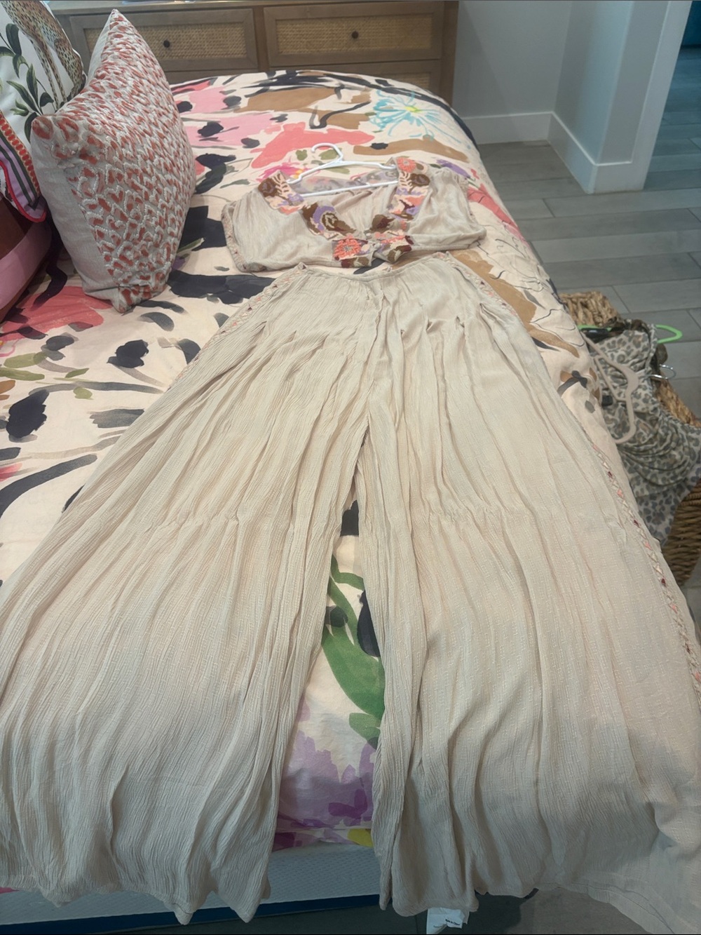 Free People We The Free Boho Embroidered Vest Wide Leg Pants Set XS
